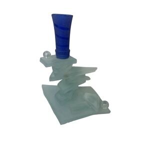 Modern Abstract Stacked Glass Candlestick Holder Blue Clear Frosted 7.5"